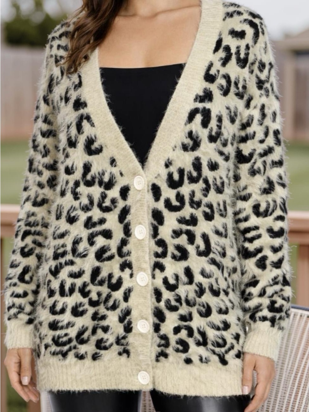 POL Leopard Animal Print Medium Cardigan Fuzzy
Eyelash Sweater